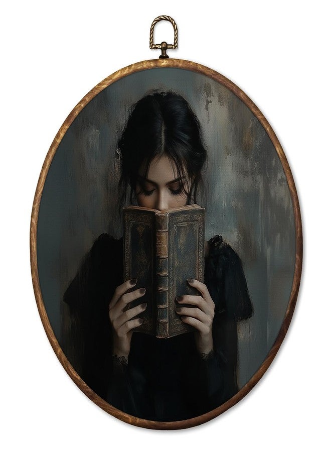 HUGANE Vintage Moody Women Reading Book Round Wall Art Decor, Dark Academia Bookish Hanging Canvas Framed Prints Wall Sculptures for Home Reading Nook Corner Library Decor, 10x10 Inch - Image 1